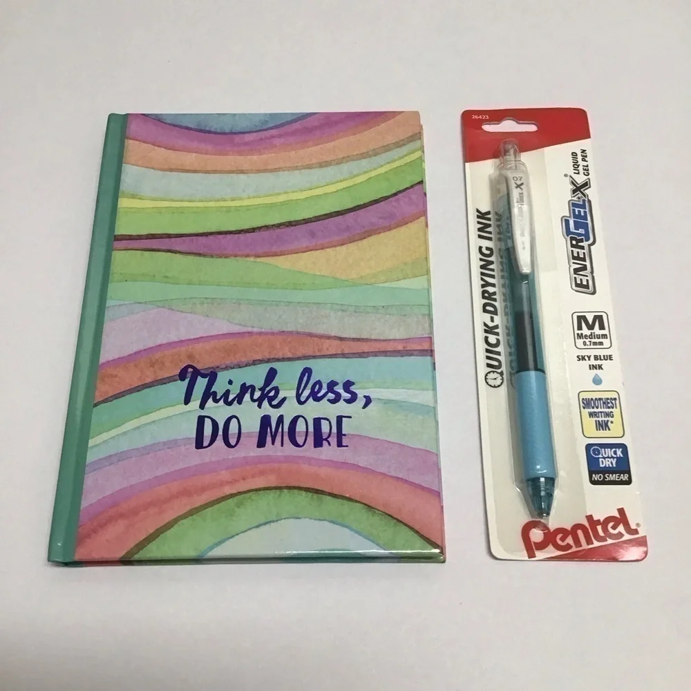 Think Less, Do More Journal Diary Blue Gel Pen Set 60 Ruled Pages Notebook NEW